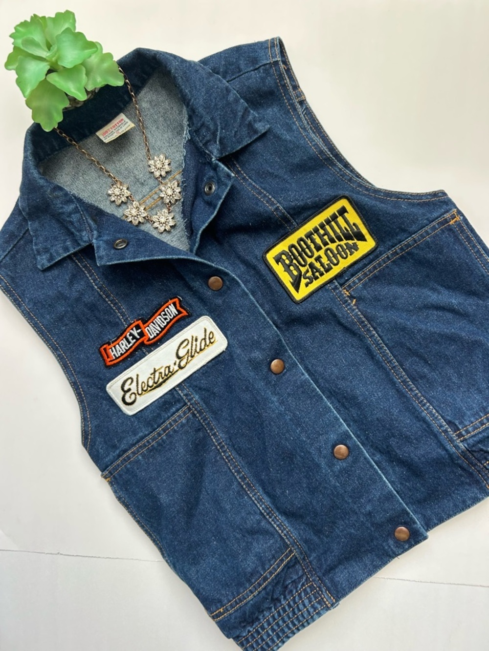 Vintage 90s Harley Davidson Denim Vest Boot Hill Saloon Electra Glide Eagle S - Picture 11 of 14